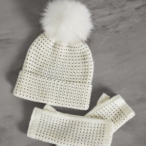 BCBG Pom Pom Beanie Winter Hat & Fingerless Gloves